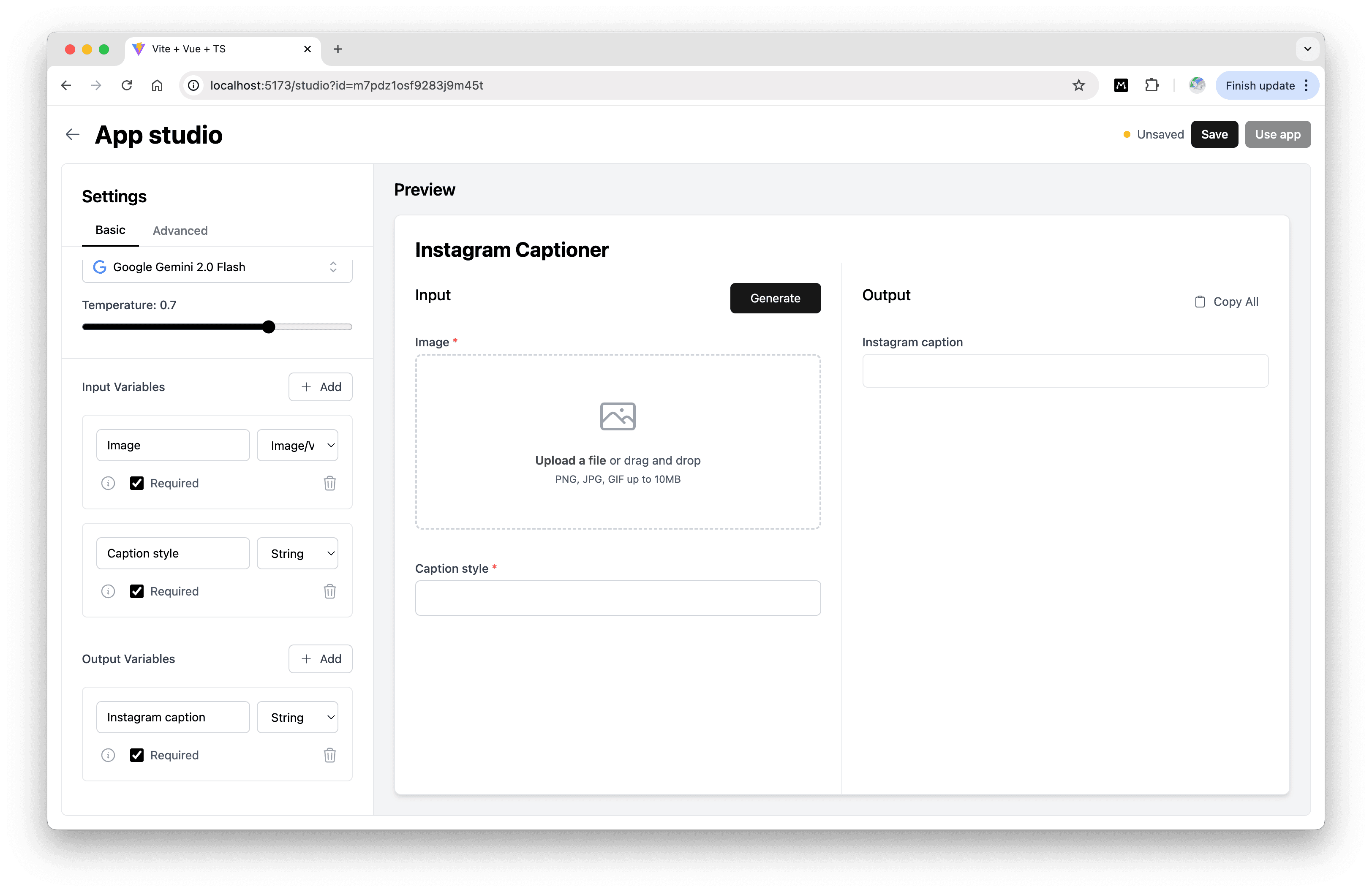 The app studio for creating an AI tool, which is as simple as creating a form