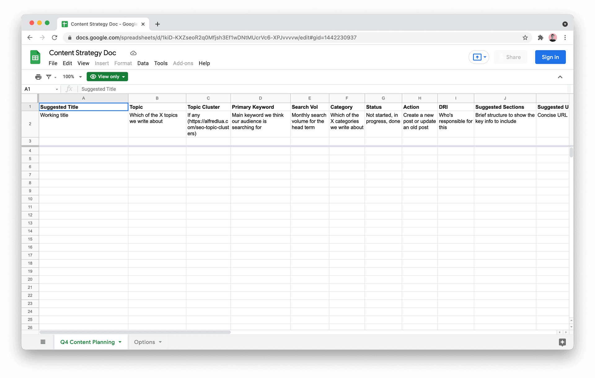 Content planning spreadsheet